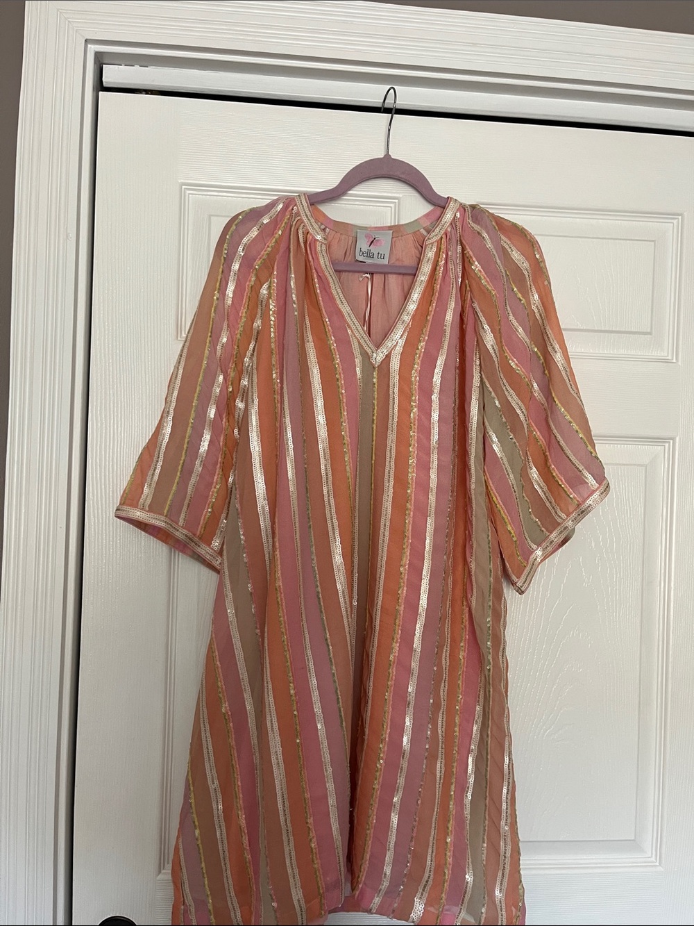 Bella Tu Pink & Peach Stripe Mini Dress with Metallic Trim NWT Size XL